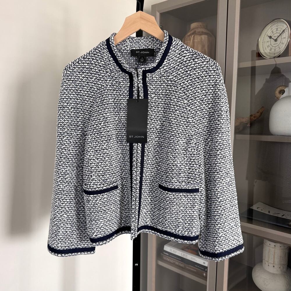 ST. JOHN Wool Knit Open Front Pockets Long Sleeve Jacket 16 NEW Tweed Blazer